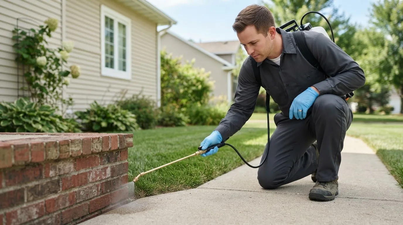 Pest control technician treating a home near Alderson, OK
