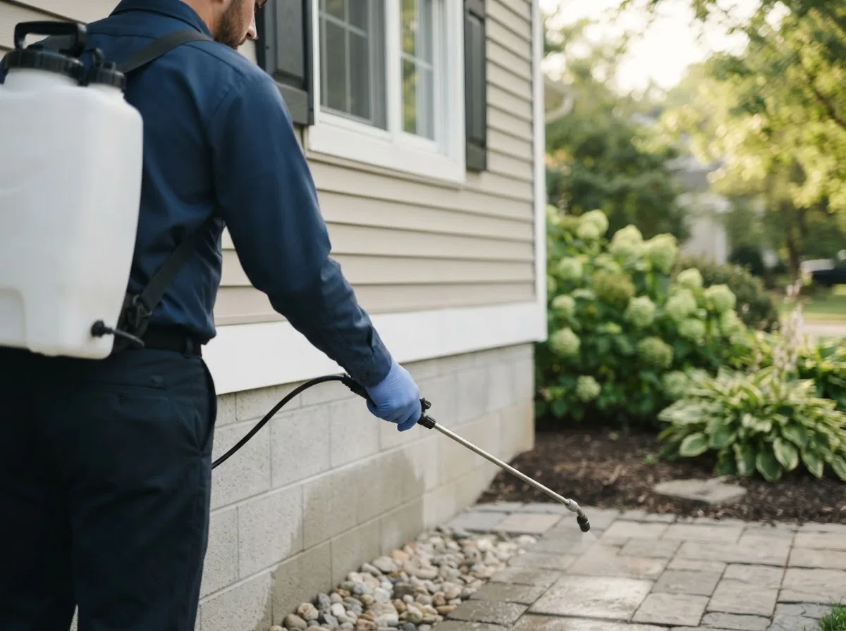 Pest control technician inspecting a home in Alderson, OK